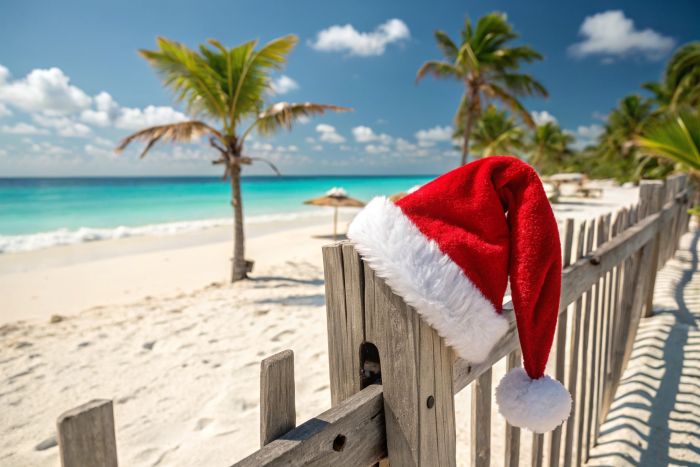 festlicher roter weihnachtsmannhut auf holzzaun am strand mit palmen