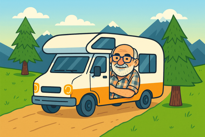 comic wohnmobil mit mann aus fenster lehnend